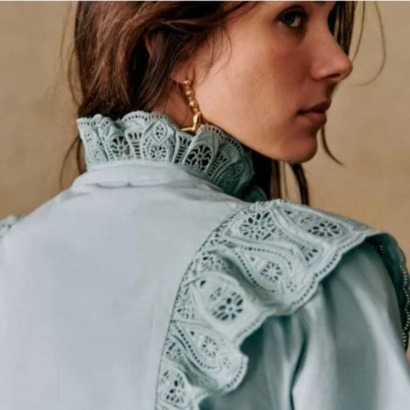 Sezane Desiree Button Down Blouse Chic Lace-Trimmed Blouse in Soft Blue - Picture 4 of 7